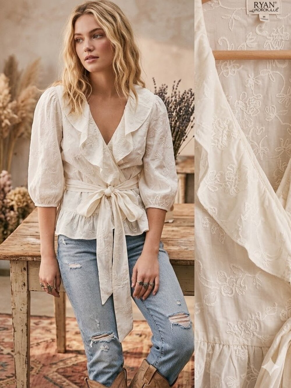 Ryan Michael Embroidered Boho Blouse Top Ruffled Tie Front S Victorian Western